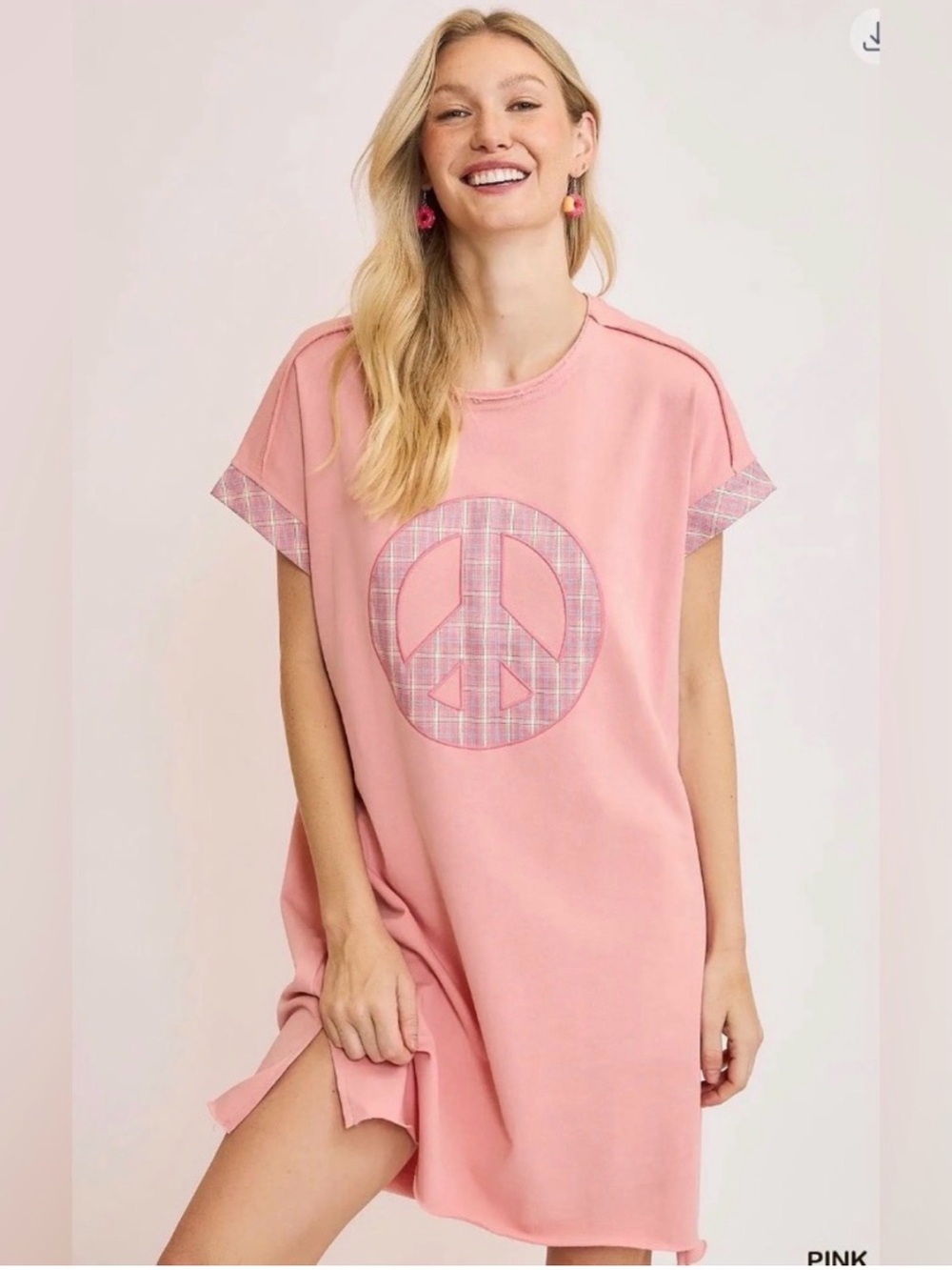 Umgee Pink Plaid Peace Sign Applique Shift Dress Boho Luxe Festival Mini Tunic